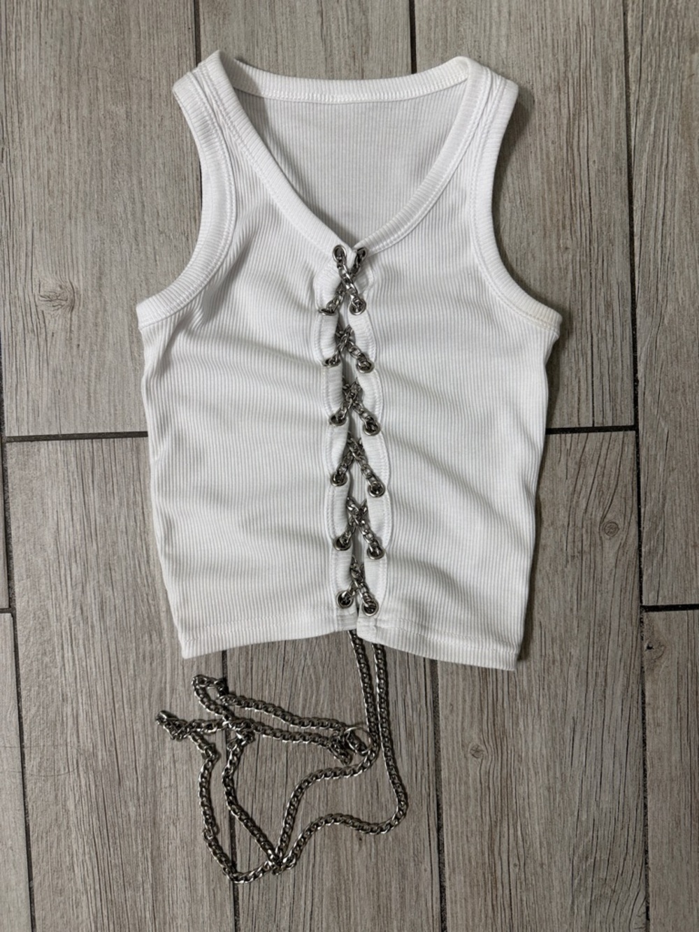 White Ribbed Tank Top with Silver Chain Detail